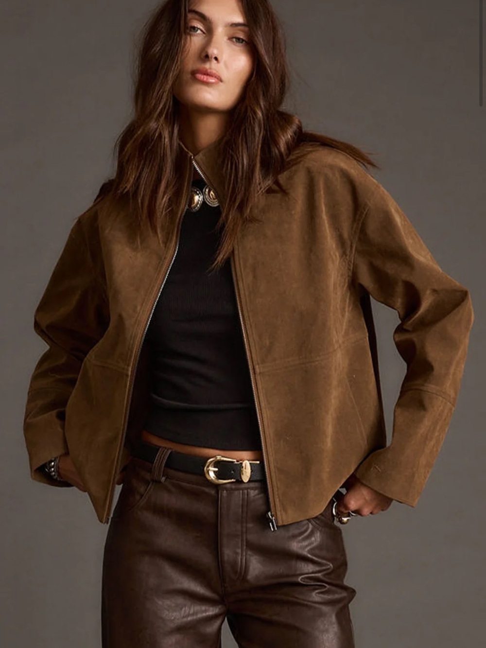 Brown Suede Zip-Front Jacket